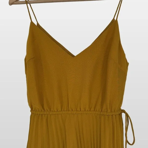 ASOS Pleated Midi Dress 4 Mustard Yellow Spaghetti Strap Elegant Wedding Guest - Picture 2 of 9